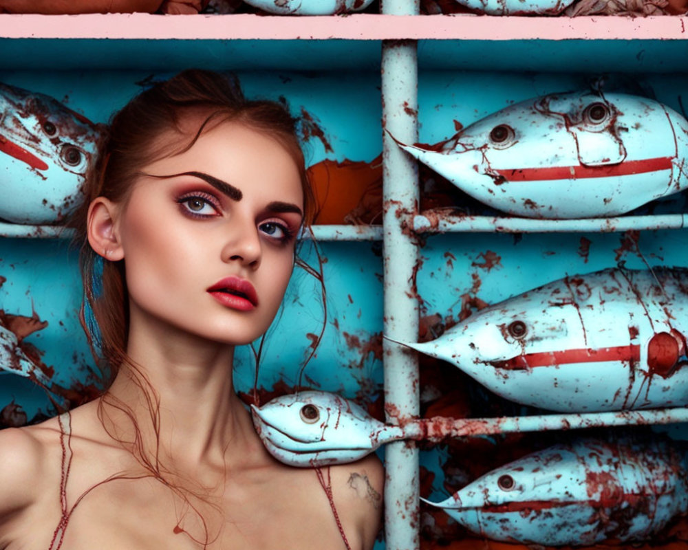 Woman with striking makeup poses against fish sculptures, intense gaze and red attire in blue setting