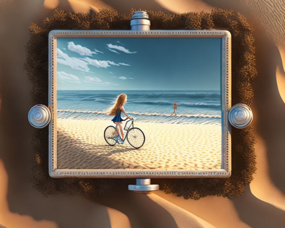 Surreal beach scene with cycling person and standing figure on monitor in sandy tech landscape