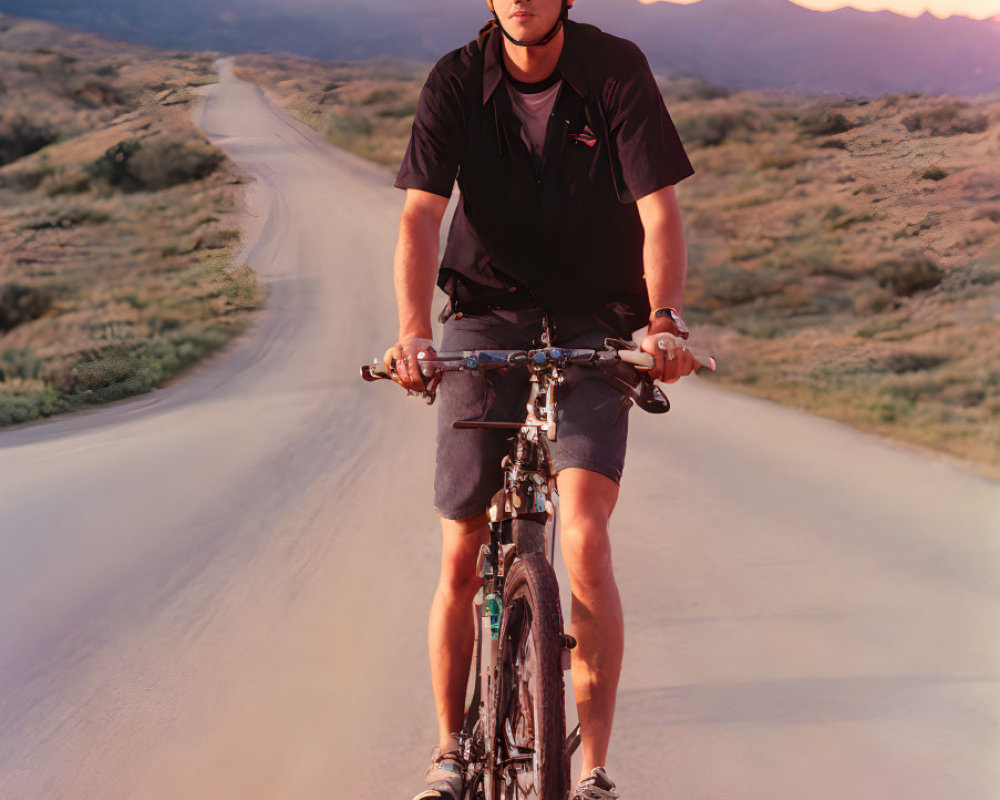 Cyclist in helmet on winding road with mountains and sunset