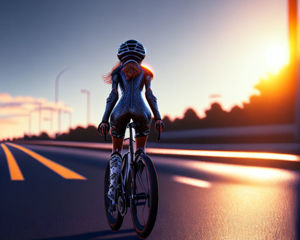 Cyclist in reflective outfit rides at sunset with long shadows