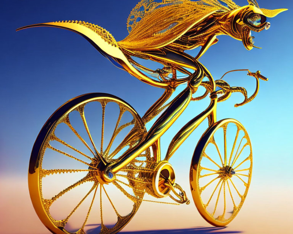 Surreal golden figure merges with bicycle on blue background