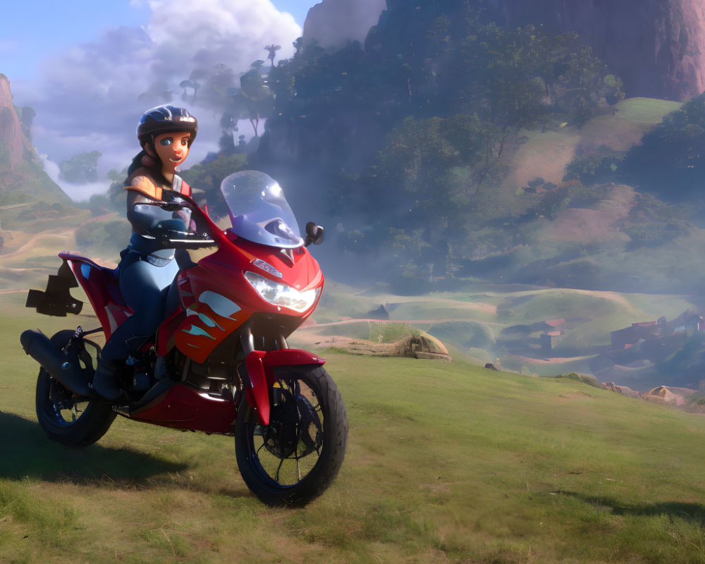 3D animated character on red motorcycle in scenic landscape