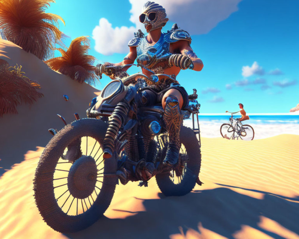 Ornate armor-clad person on motorcycle in sandy dunes with cyclist in background