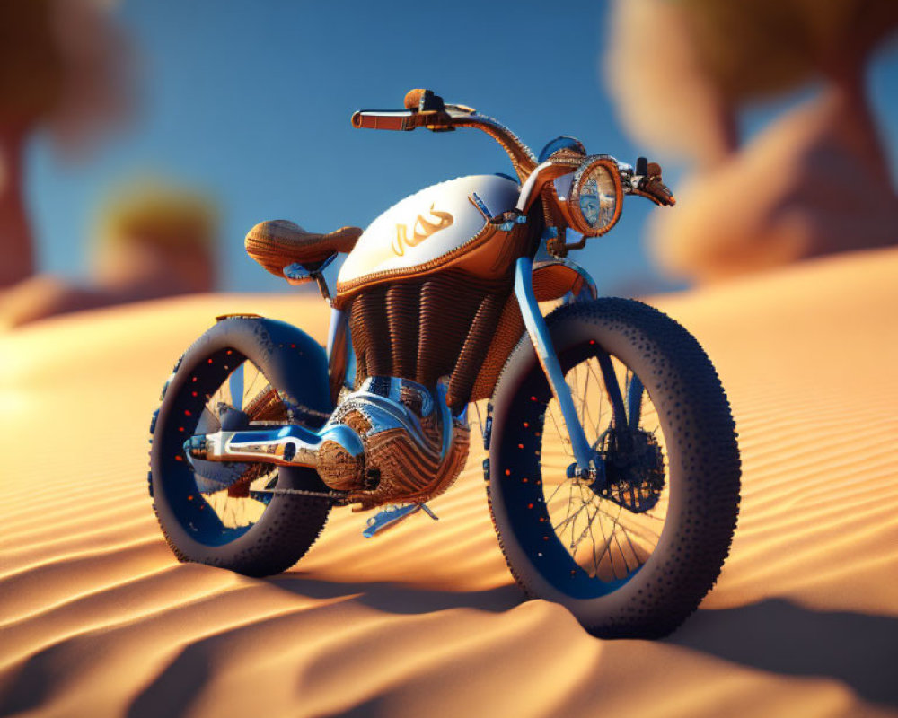 Vintage-Style Motorcycle with Orange and Blue Details on Sandy Dunes