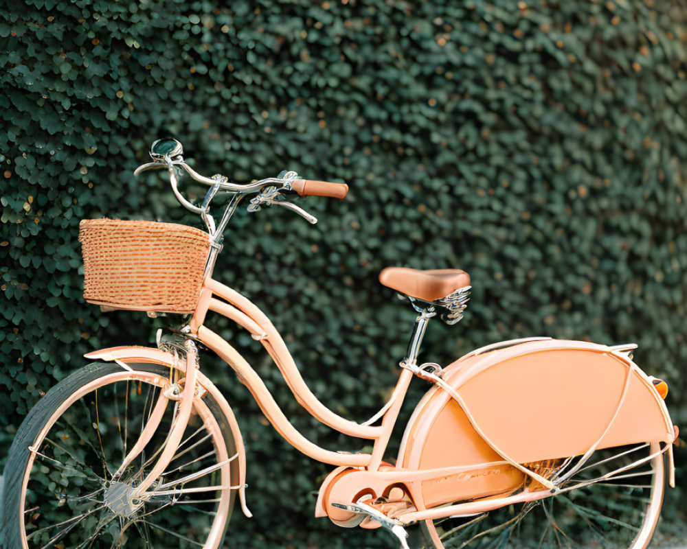 Peach-Colored Vintage Bicycle with Front Basket Against Green Hedge