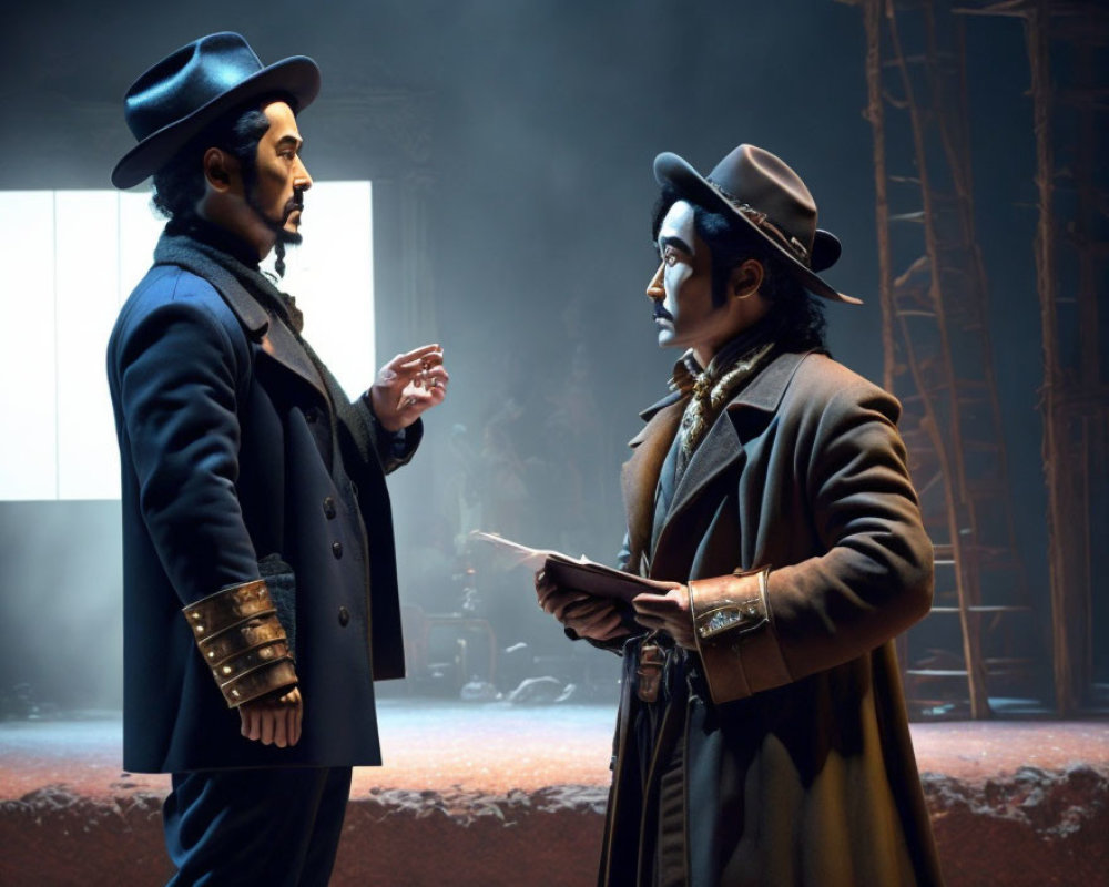 Period-costumed actors on stage in conversation with one holding a book