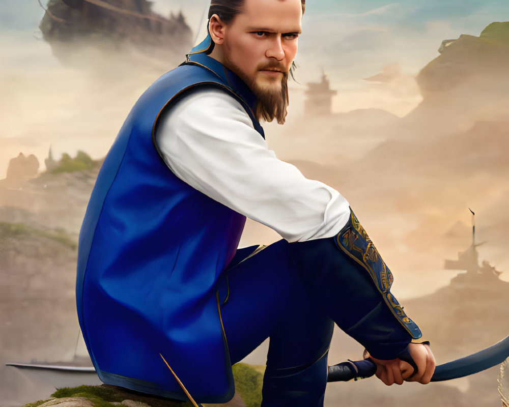Historical man with sword on cliff overlooking ship and castle