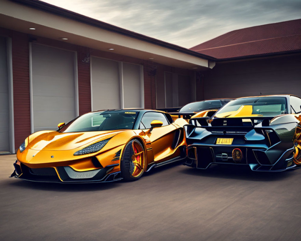 Luxurious Gold and Black Sports Cars Parked Next to Modern Building