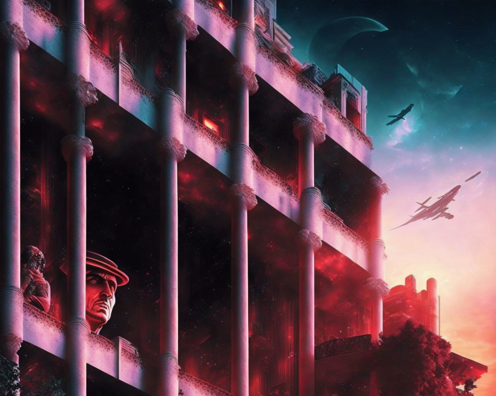Crimson-Tinted Sky with Moon, Birds, Planes, Building, Columns, and