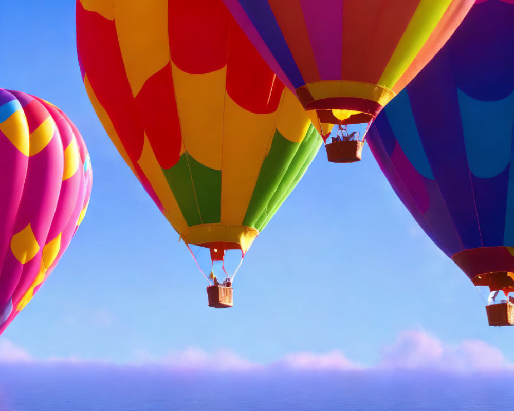 Vibrant hot air balloons soar over water under clear blue sky