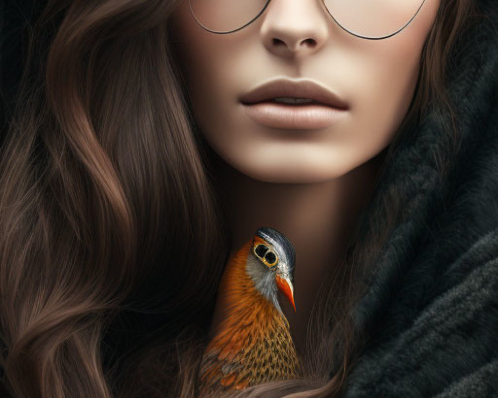 Woman with long wavy hair and glasses with vividly colored bird on shoulder