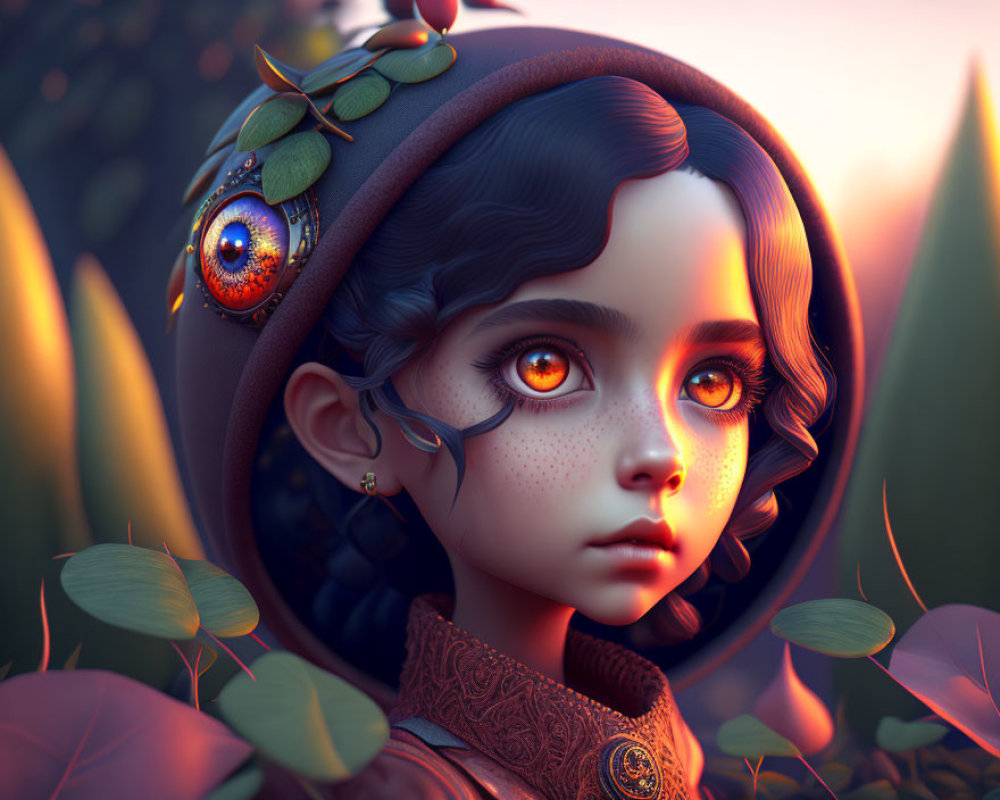 Digital artwork: Girl with large orange eyes, intricate eye hat, surrounded by foliage