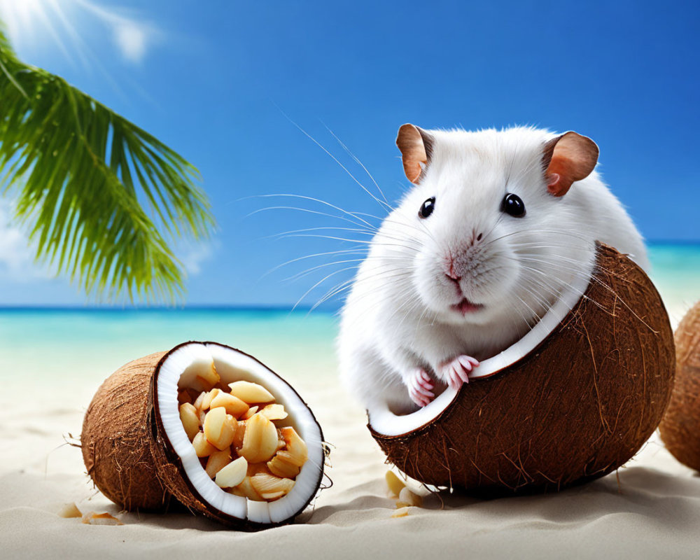 White Guinea Pig Inside Coconut Shell on Sandy Beach with Nuts and Palm Leaf