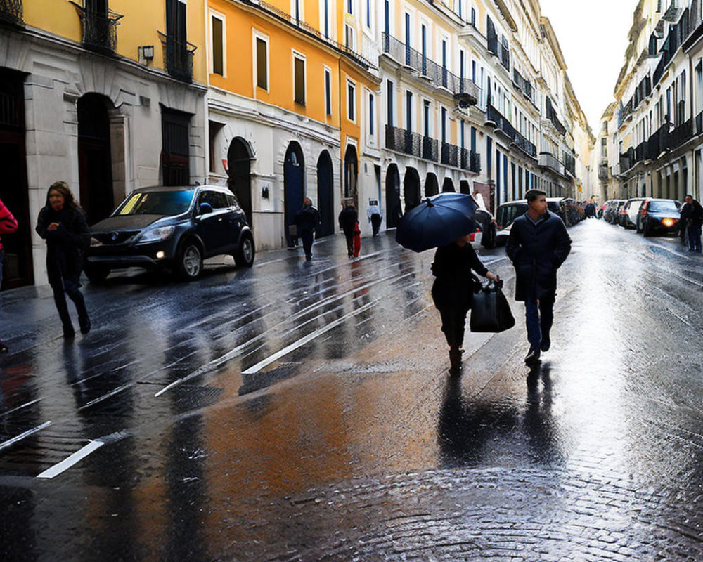 Pedestrians with umbrellas on wet city street in rain.
