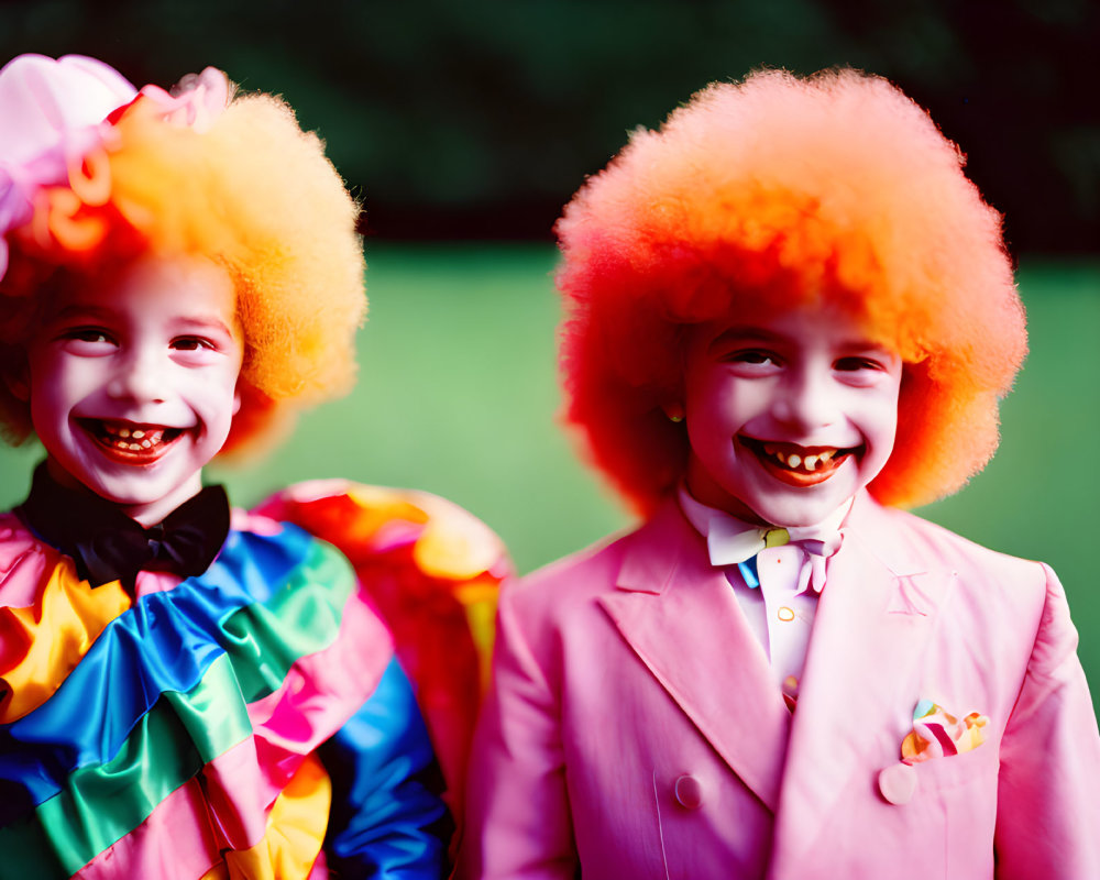 Colorful clown costumes on two children against green backdrop