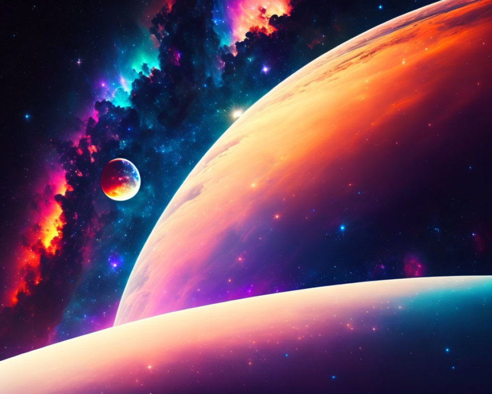 Colorful Cosmic Scene: Close-Up Planets, Nebula, Stars