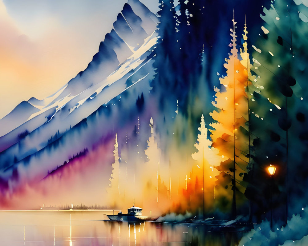 Vibrant mountain landscape with boat on calm waters at sunset or sunrise
