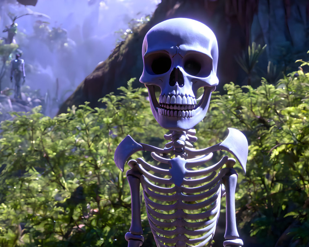 Smiling human skeleton in forest with fog - 3D illustration