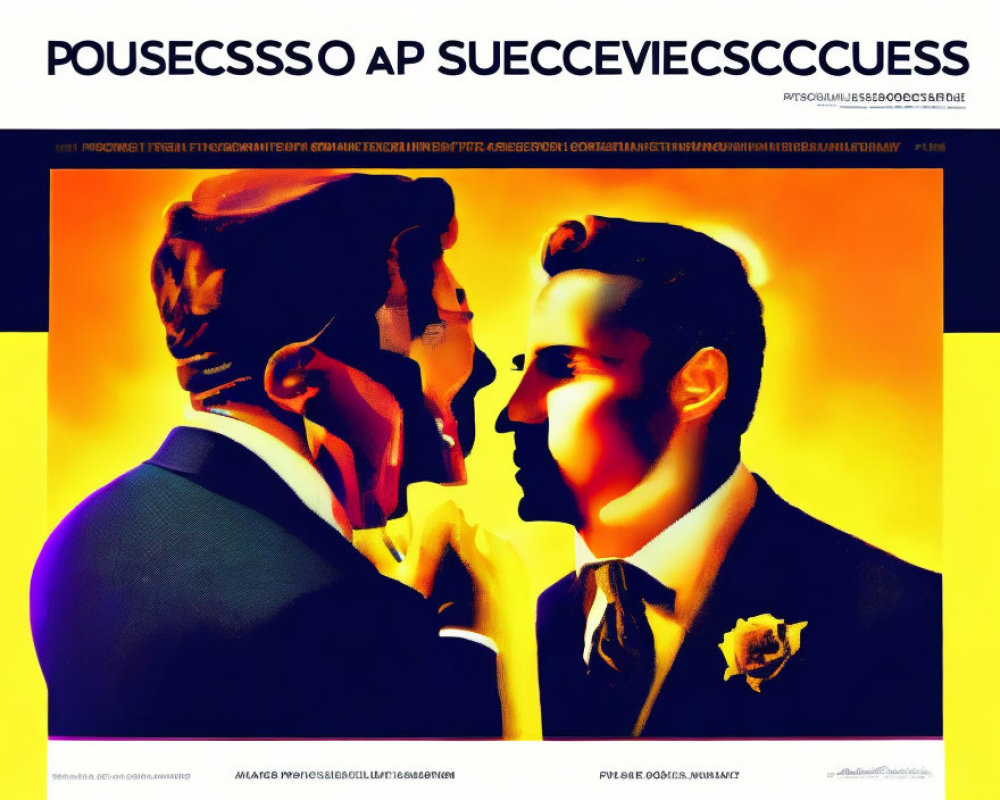Two men in profile against gradient background with overlaid text