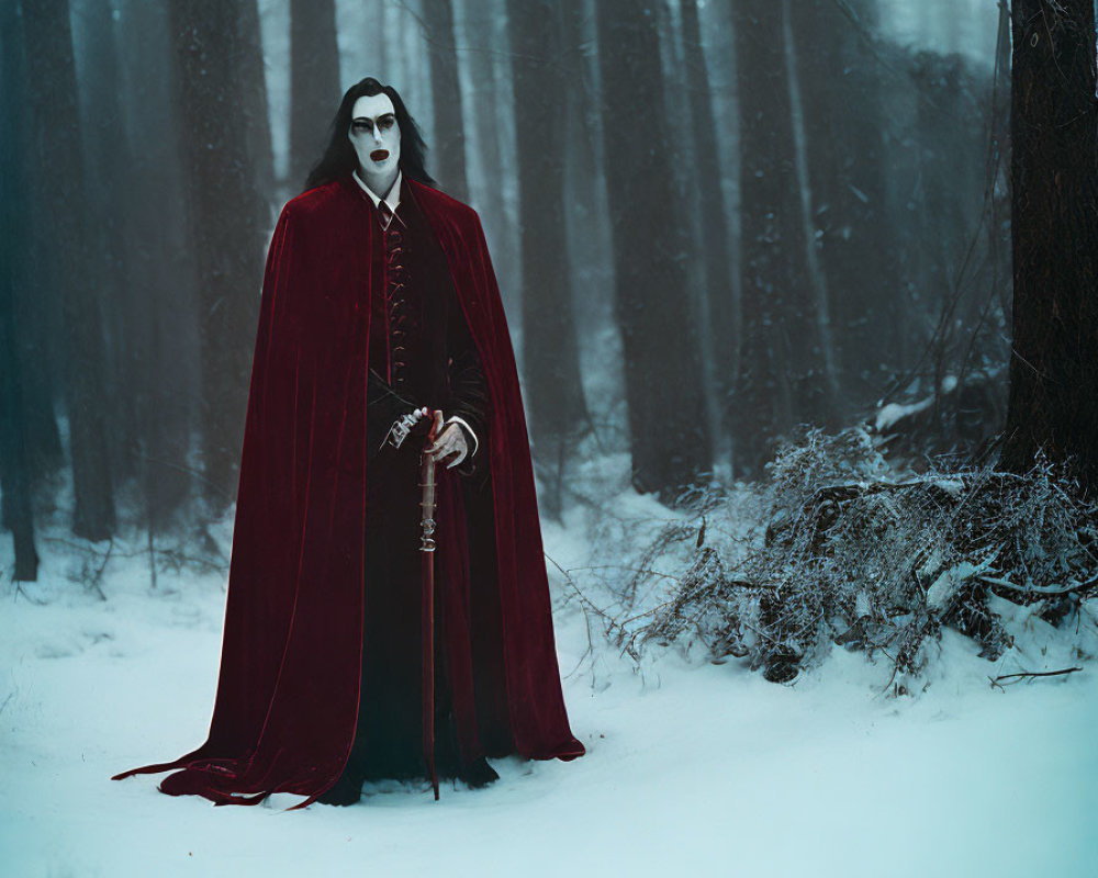 Person in Dark Costume with Red Cape in Snowy Forest: Mysterious Gothic Scene