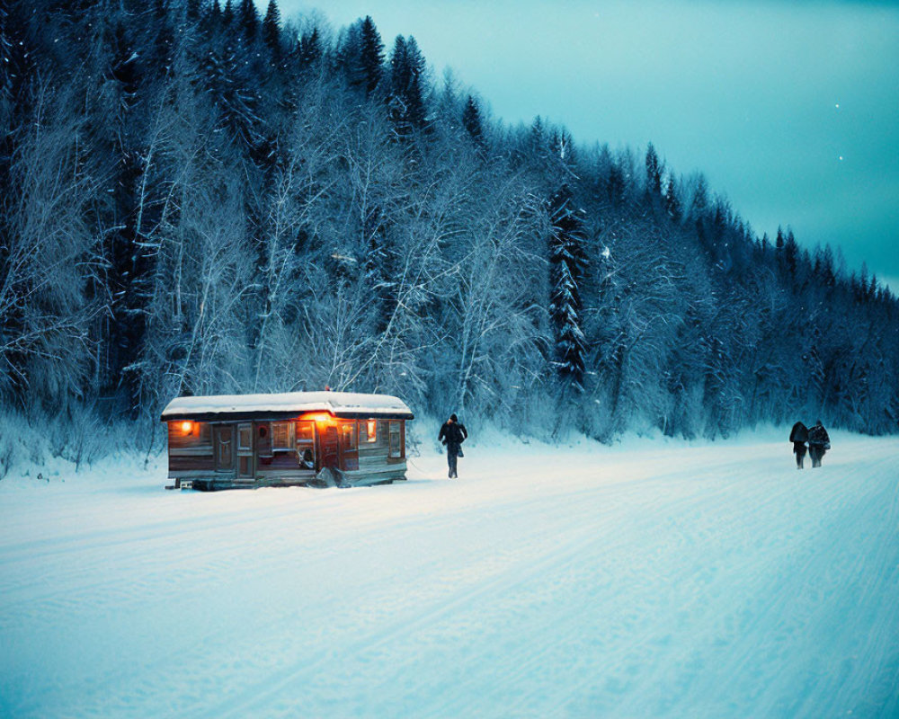 Snowy landscape with vintage trailer, person, horse-drawn sled, and winter trees.