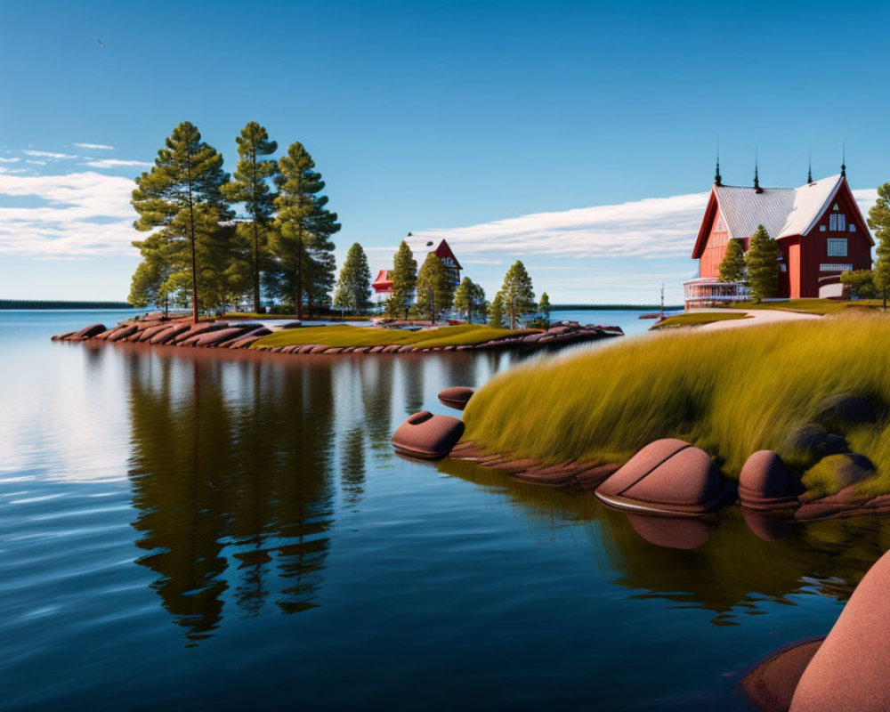Tranquil lake scene with conifers, red-roofed building, and rocky shoreline