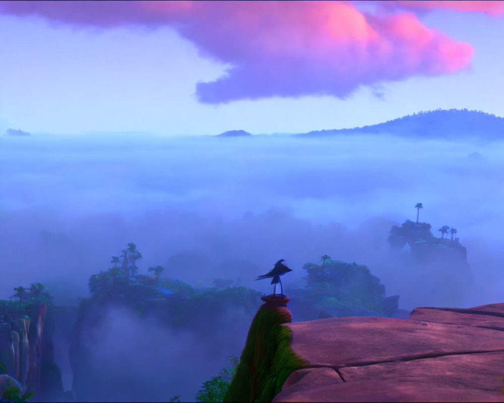 Bird perched on cliff edge overlooking misty forest with pink-tinged clouds
