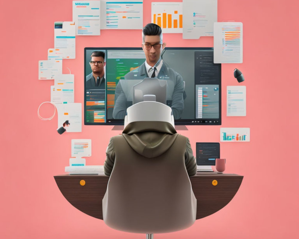 Professional working on laptop with digital screens showing graphs and charts on pink background