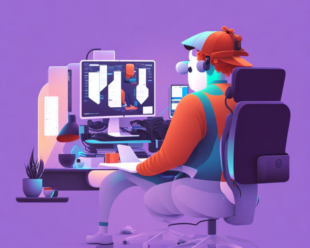 Stylized illustration of person with headphones working on computer in purple-themed setup