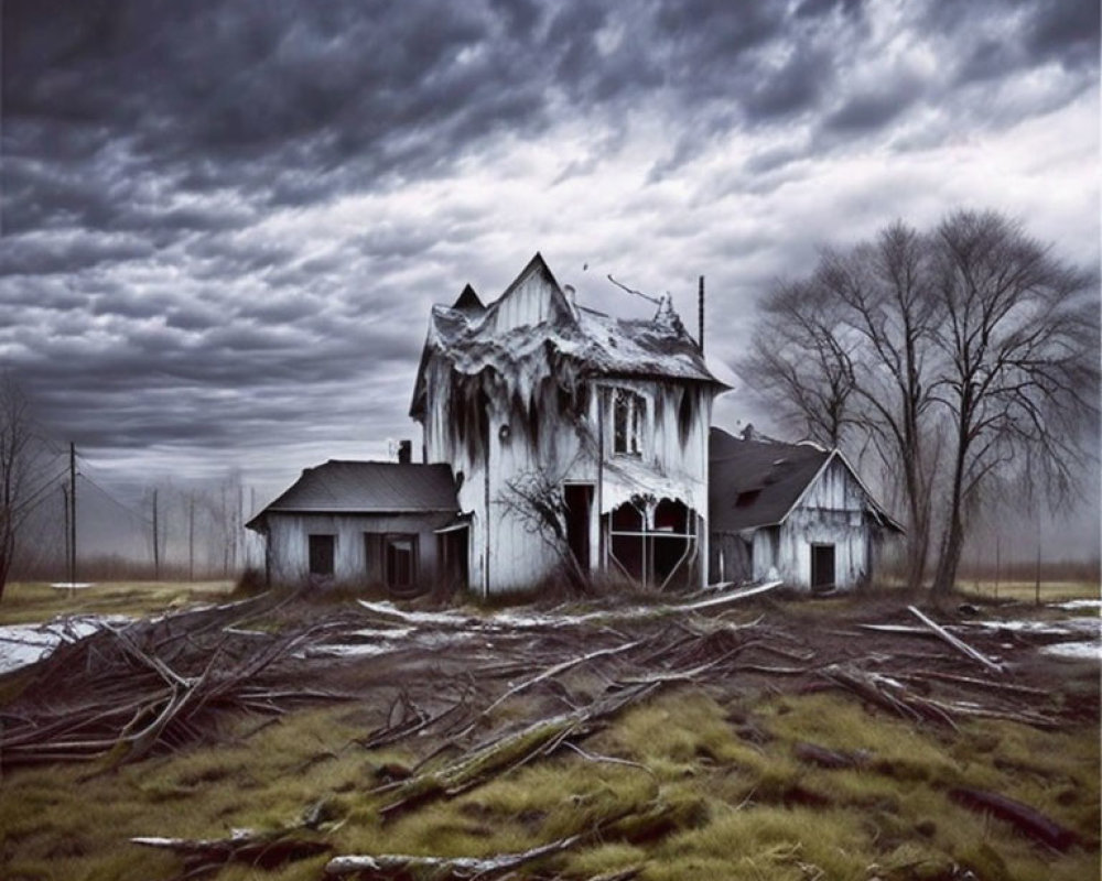 Abandoned house with peeling paint under stormy sky
