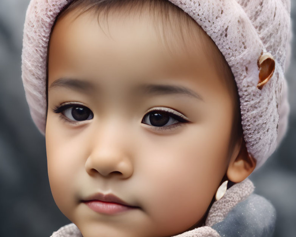 Child in Pink Knitted Hat and Navy Blue Coat with Buttons