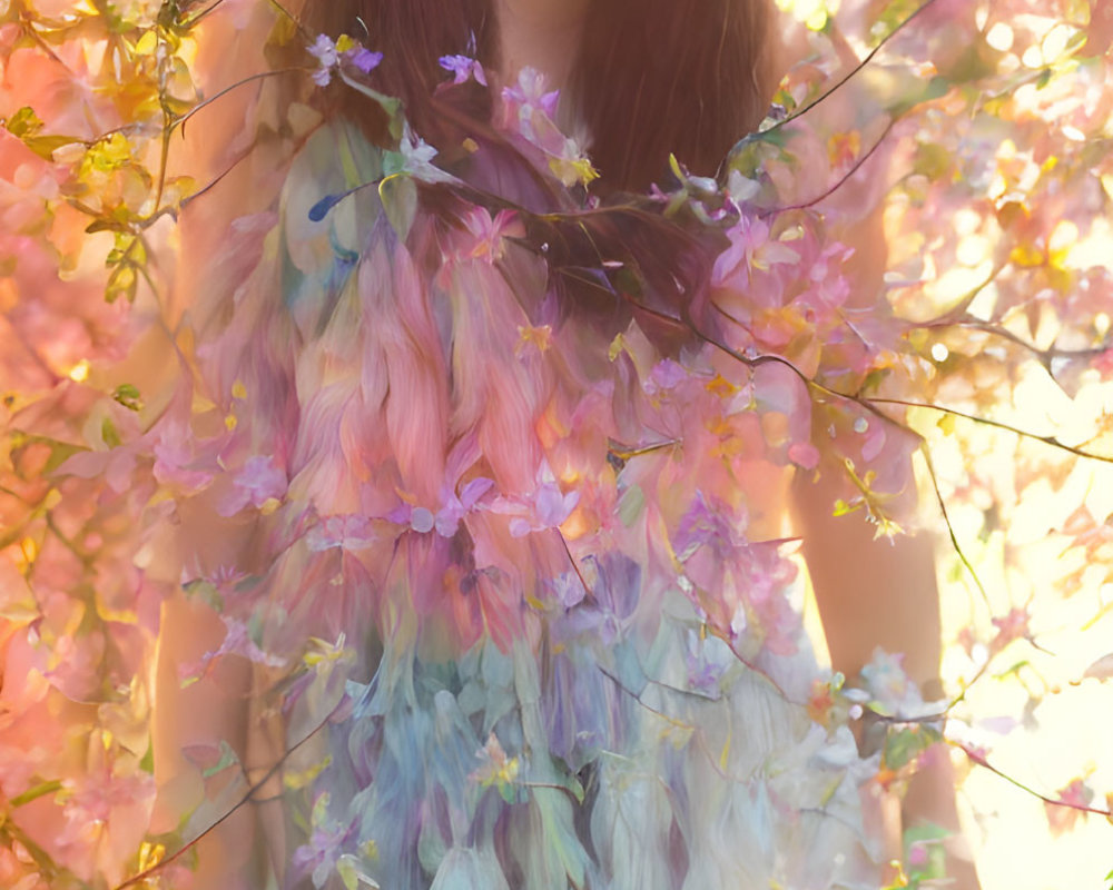 Woman in pastel floral dress with flower crown among pink blossoms
