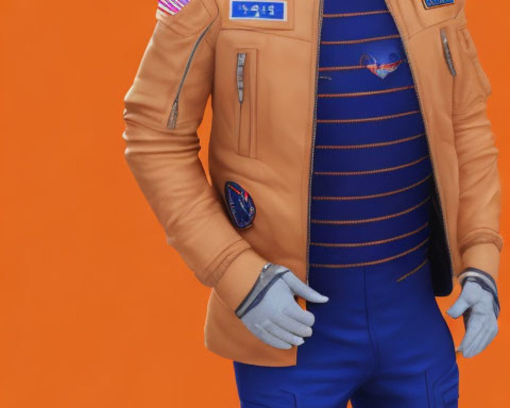 Astronaut-inspired outfit with tan jacket and blue pants on orange background