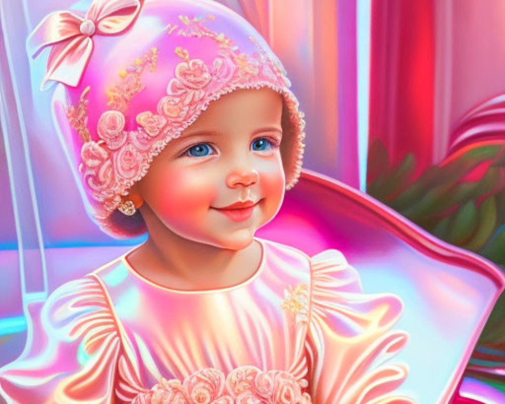 Smiling child in pink dress with floral details on vibrant abstract background