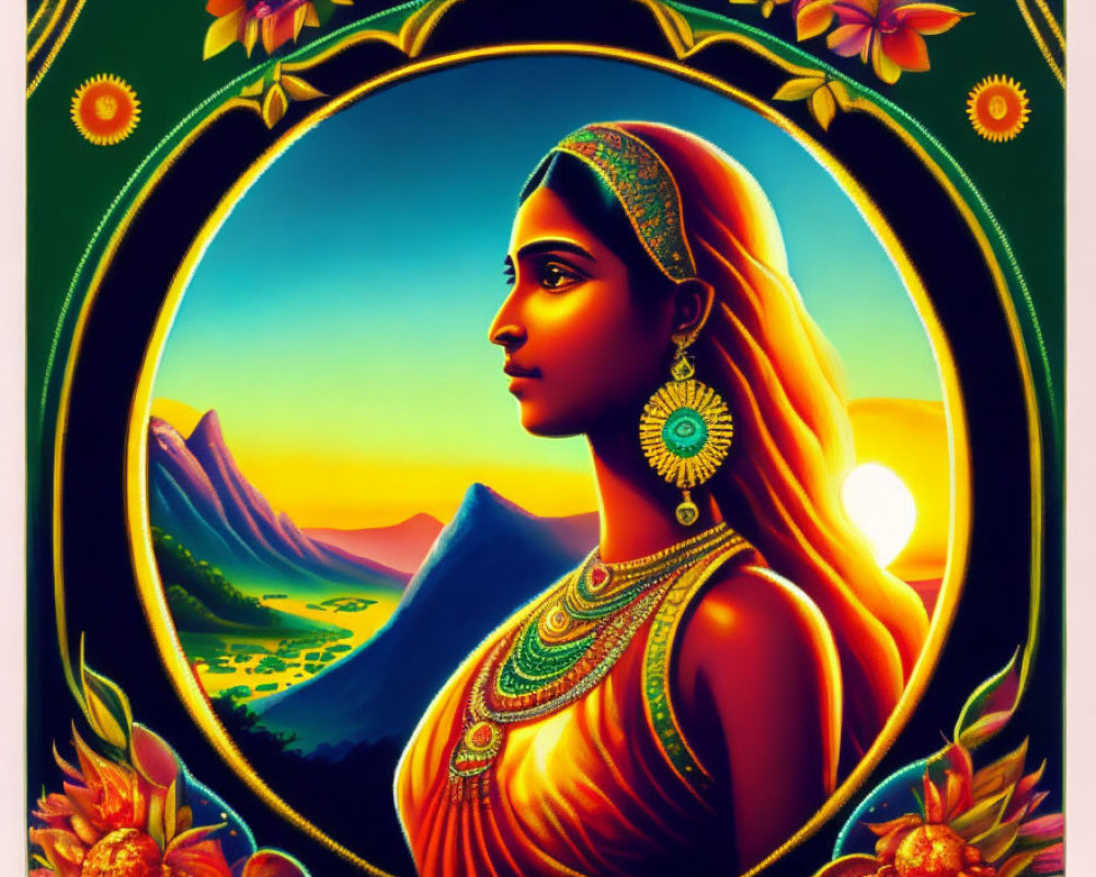 Colorful portrait of woman in traditional attire against scenic backdrop, framed in intricate floral design
