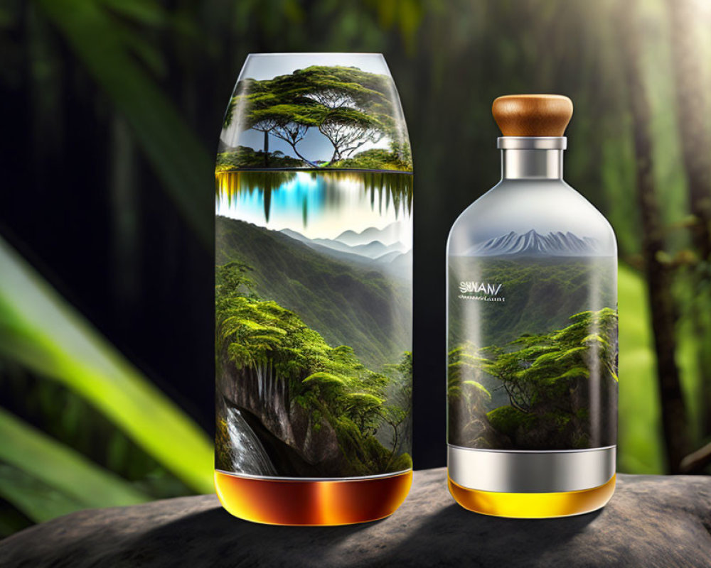 Eco-friendly themed bottles with natural landscape designs against forest backdrop