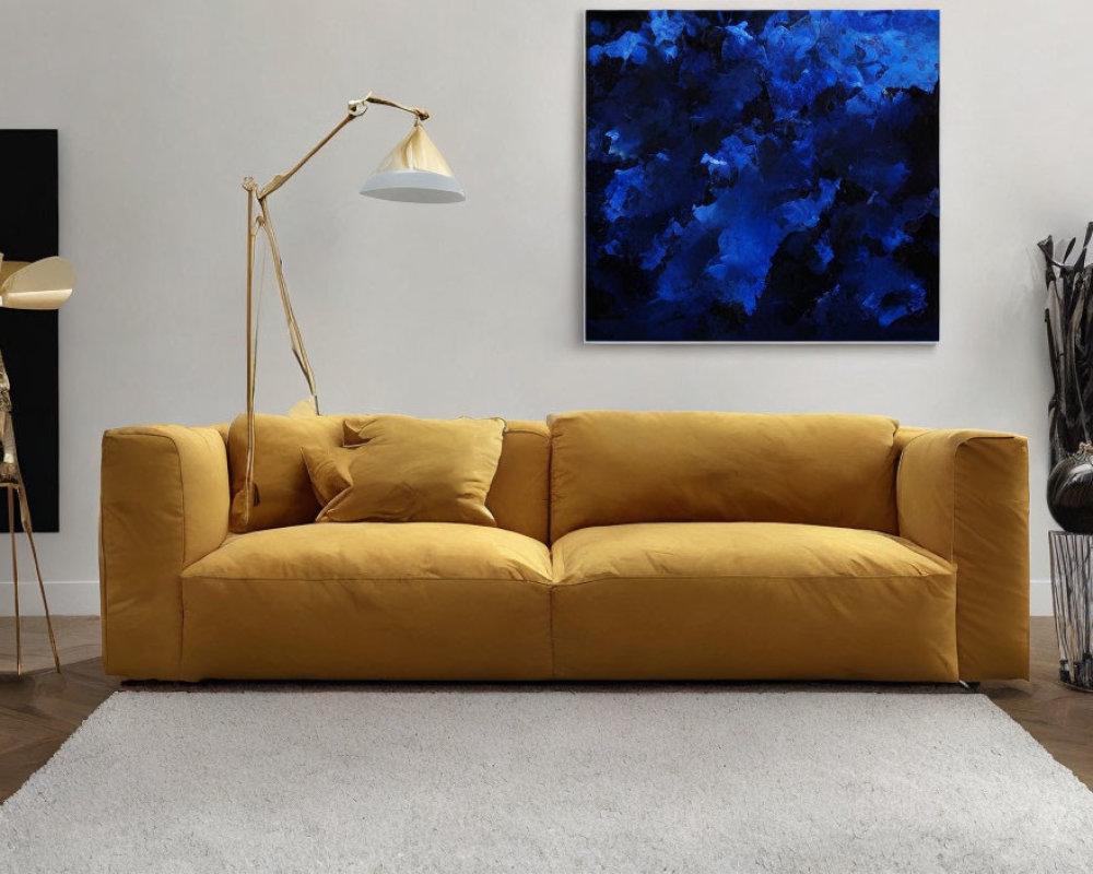 Mustard Yellow Sofa with Blue Abstract Painting in Cozy Living Room