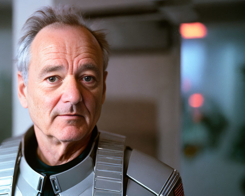 Mature man in futuristic silver armor costume with slight frown.