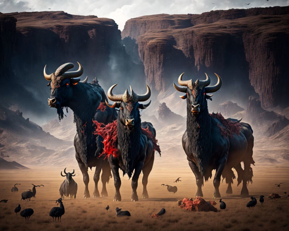 Mythical bulls with golden horns in desert landscape