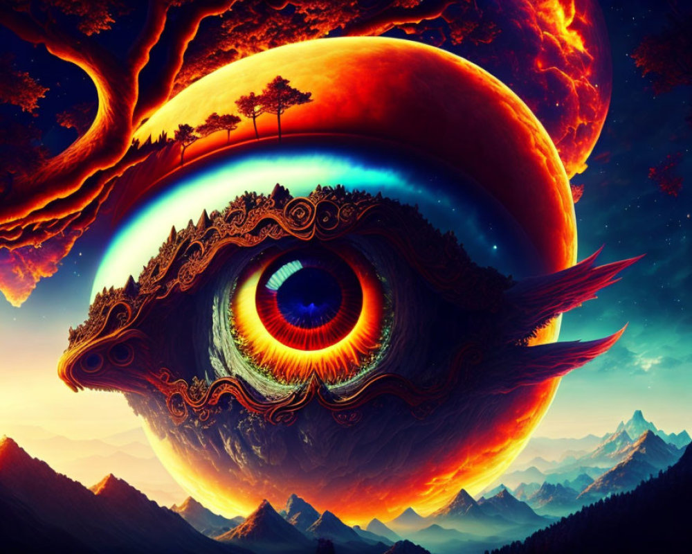 Digital artwork: Majestic eye in winged creature with planets and fiery sky