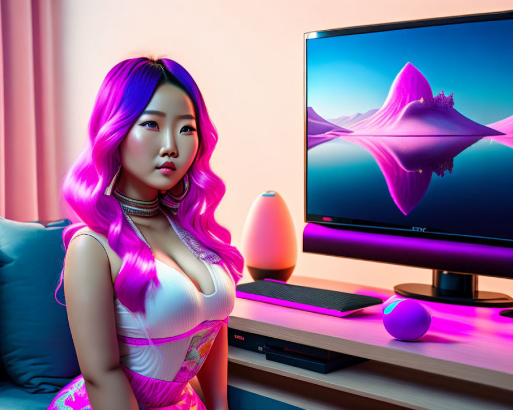 Vibrant pink-haired woman by desert landscape monitor in pink and blue lit room