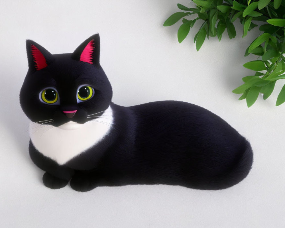 Illustration of black cat with large green eyes, white markings, pink ears, next to green plant