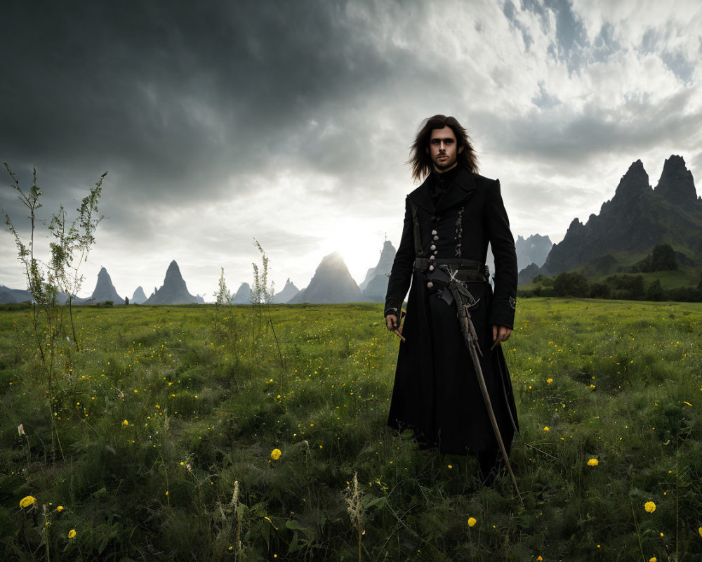 Man in black coat standing in field with yellow flowers, sharp mountains, stormy sky