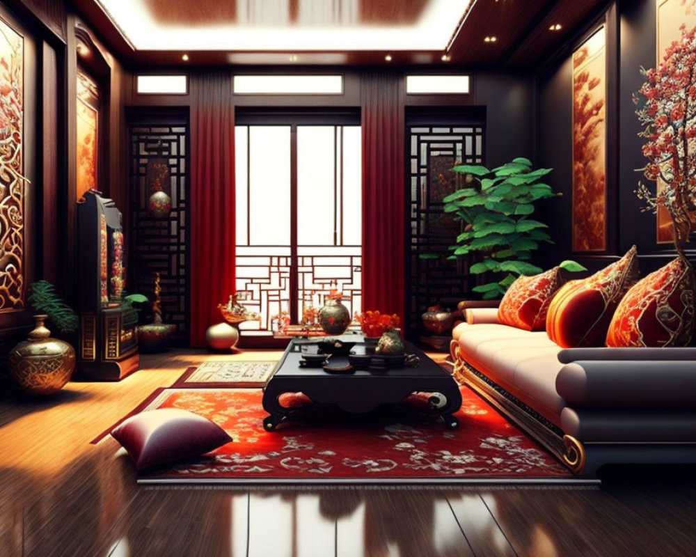 Traditional Asian Living Room with Red Accents & Wooden Paneling