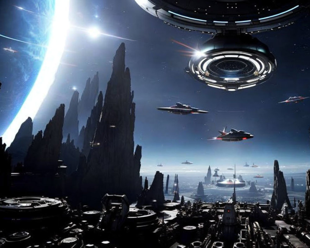 Spaceships flying near towering rock formations on an alien planet with a bright galaxy and hovering spacecraft.