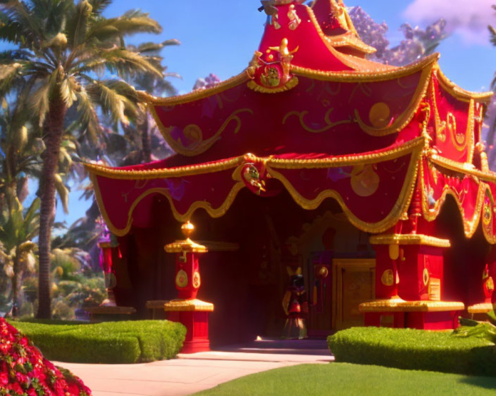 Colorful carousel with red and gold decorations in a tropical setting