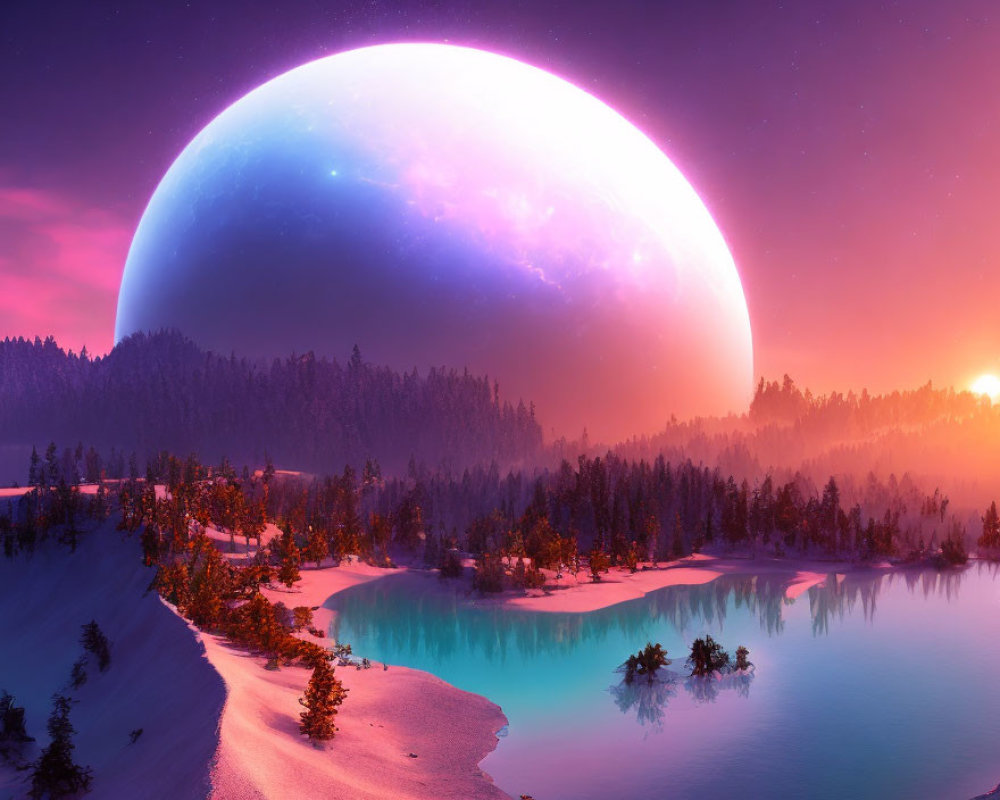 Twilight landscape with lake, trees, and fantasy planet in purple sky