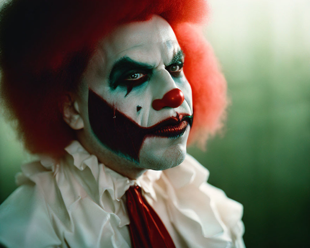 Sinister clown with red hair and menacing makeup