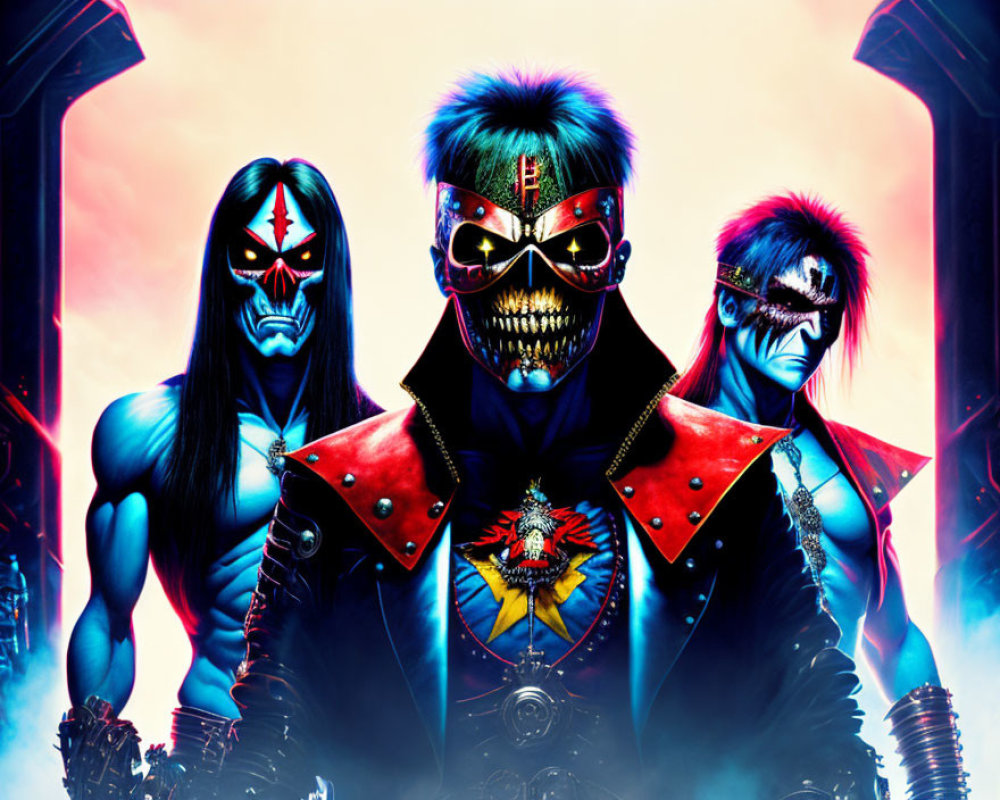 Three people in futuristic punk attire with colorful skull makeup on vibrant neon background.