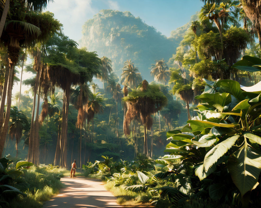 Tropical forest path with palm trees, vines, mist, and mountain